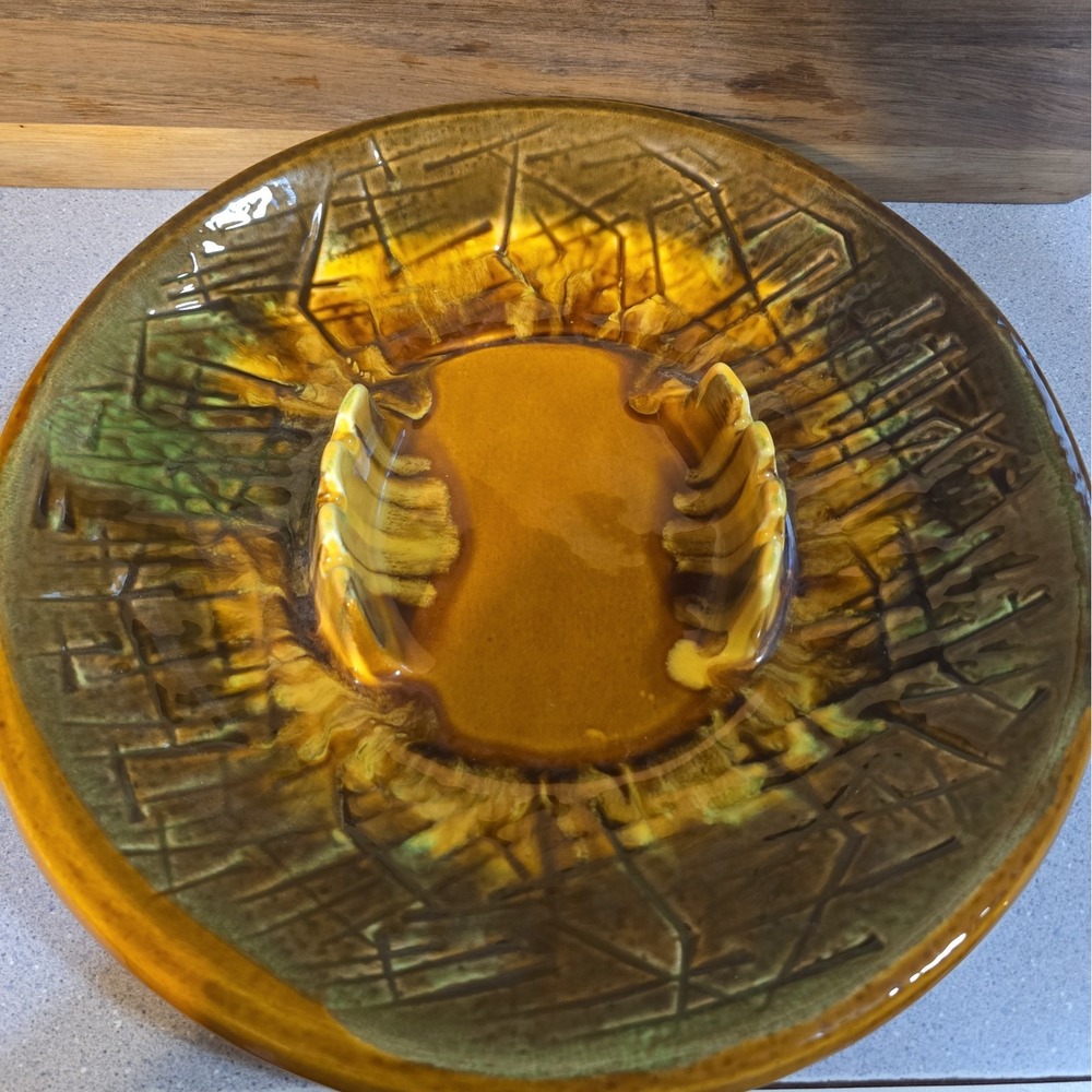 Vintage California Pottery Mid-century Modern Drip Glaze Ashtray 1970s Gold